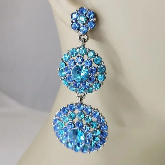 Blue Crystal Rhinestone Long Dangle Earrings - Picture 2 of 13
